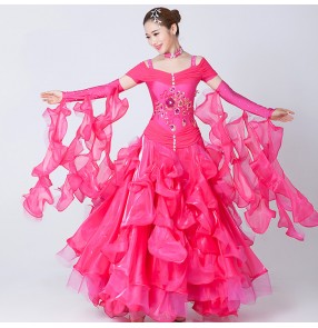 Red fuchsia hot pink short sleeves rhinestones women's ladies female competition professional ballroom tango waltz flamenco dance dresses skirts